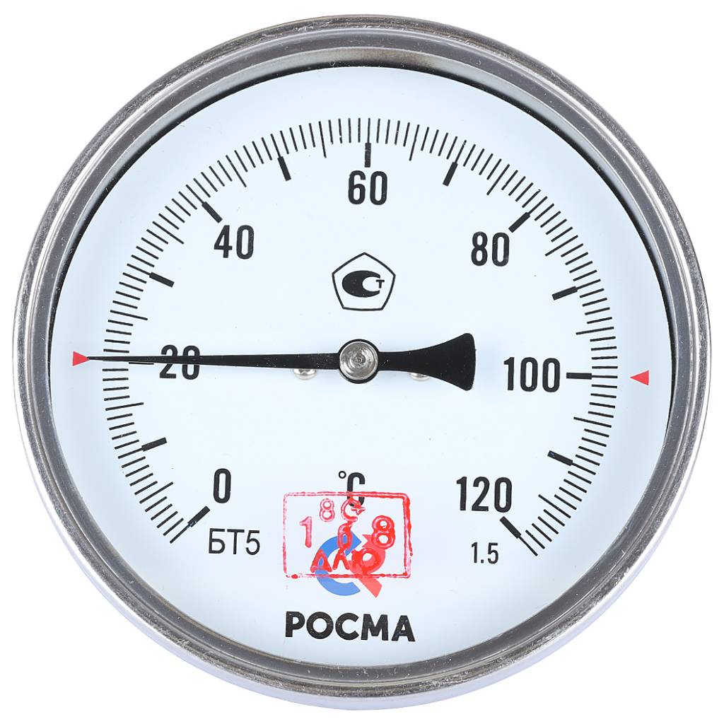 Росма БТ-51.211(0-120С)G1/2.46.1,5 ТЕРМОМЕТР биметалл. 100 мм, ТИП - БТ-51 корпус -  хромированная сталь, шток осевой 46х6мм  - нерж.сталь, 0-120C, c гильзой (латунь) G1/2, кл.1,5