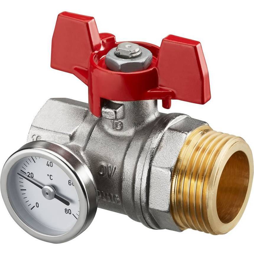 Кран шаровой Oventrop  муфтовый BP 1" х НР 1" с термометром 0-80°C , с красной ручкой бабочкой
