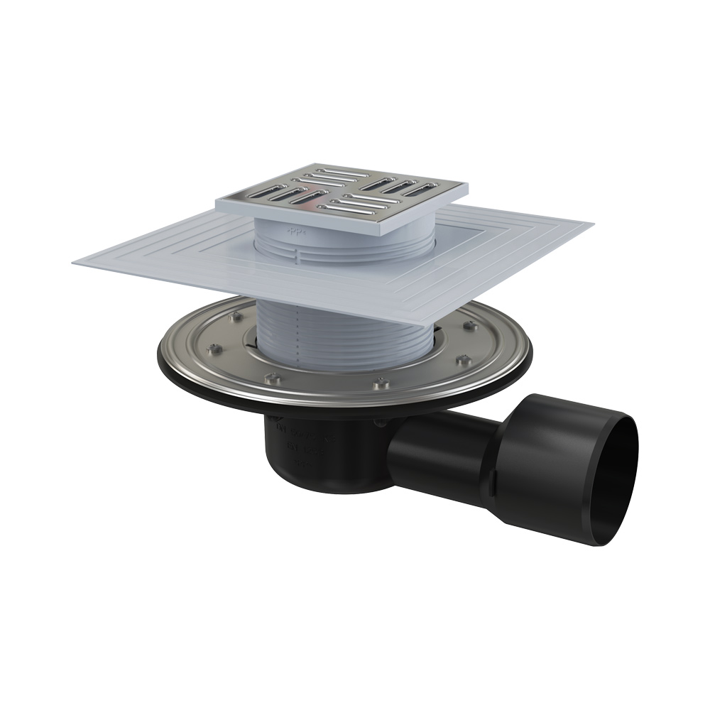 Сливной трап AlcaPlast 105x105/50/75 мм боковой сток, решетка из нержавеющей стали, фланец из нержавеющей стали, воротник изоляции 2–го уровня, гидрозатвор сухой и мокрый