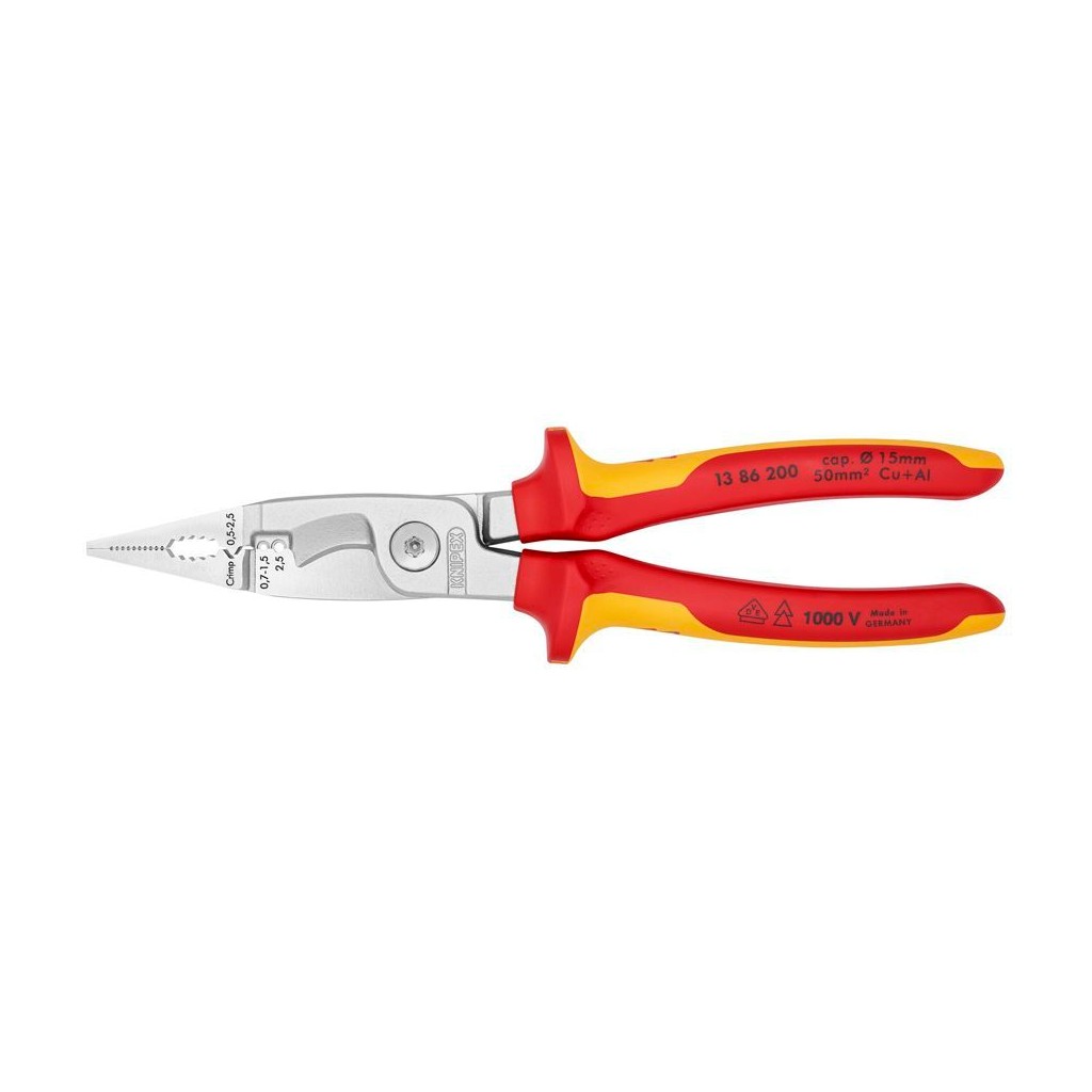 Клещи KNIPEX электромонтажные VDE, 6-в-1, зачистка 0.75 – 1.5 / 2.5 мм2, рез диаметр 15 мм / 50 мм2, 200 мм, хром, 2-комп диэлектрические ручки