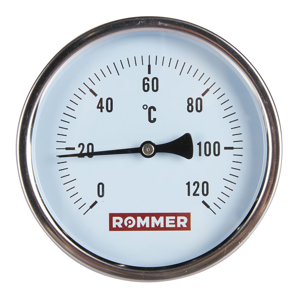 Термоманометр ROMMER биметаллический с погружной гильзой. Корпус Dn 100 мм, гильза 100 мм 1/2 , 0...120°С