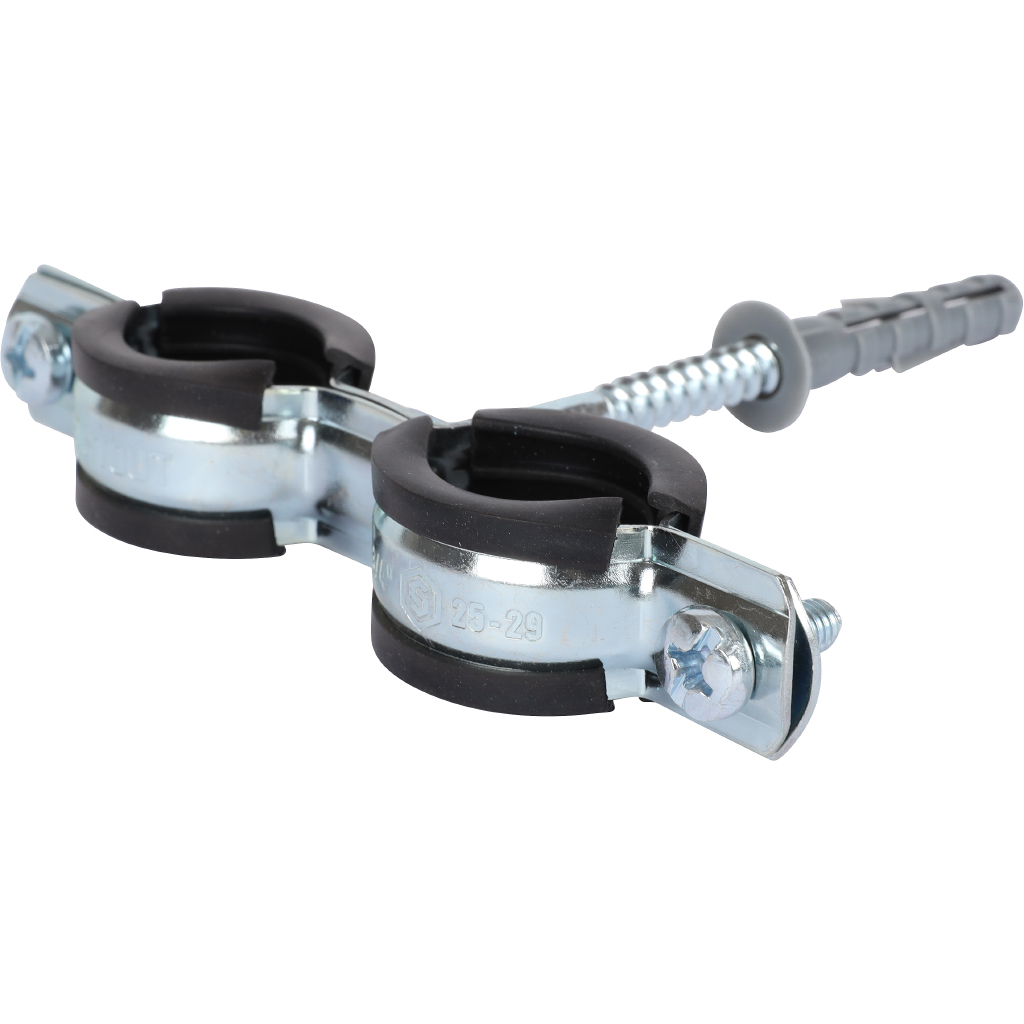 Комплект двойной хомут для труб STOUT хомут+шпилька шуруп +дюбель пластиковый 3/4 (25-29)